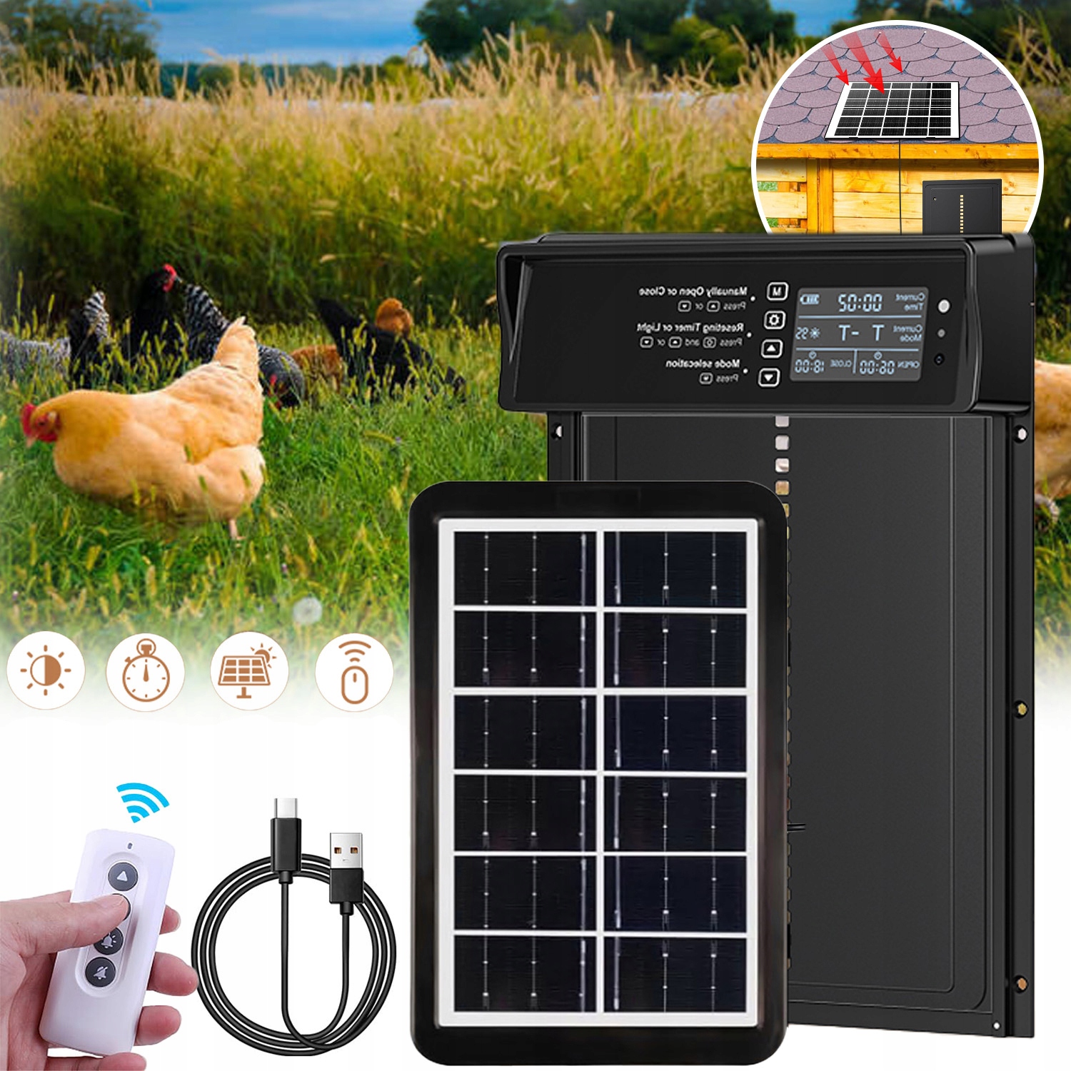 Automatické solárne dvere kurníka s časovačom a svetelným senzorom